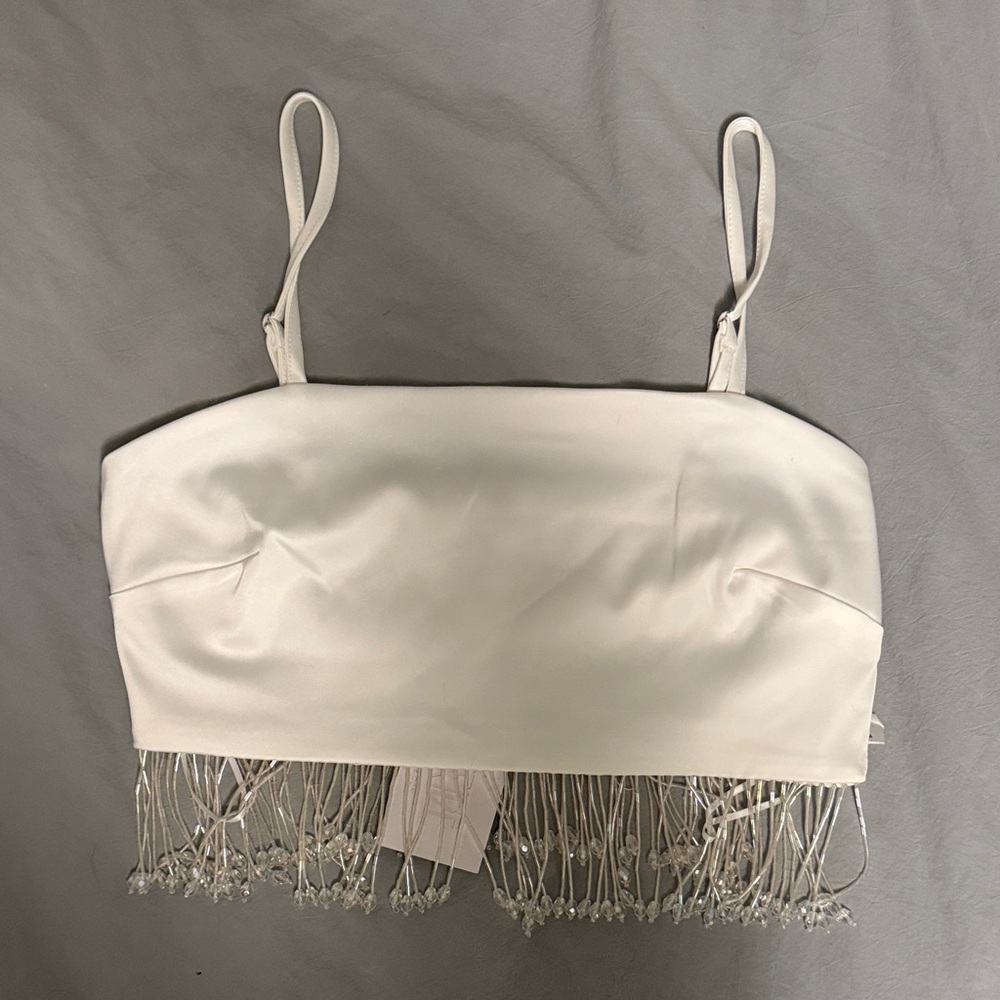 12th Tribe Torrey White Satin Beaded Fringe Crop